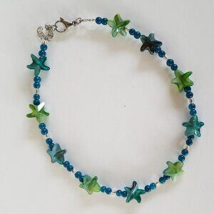 Hand Crafted Anklet Blue and Green Starfish 13" Beaded Star Ankle Bracelet